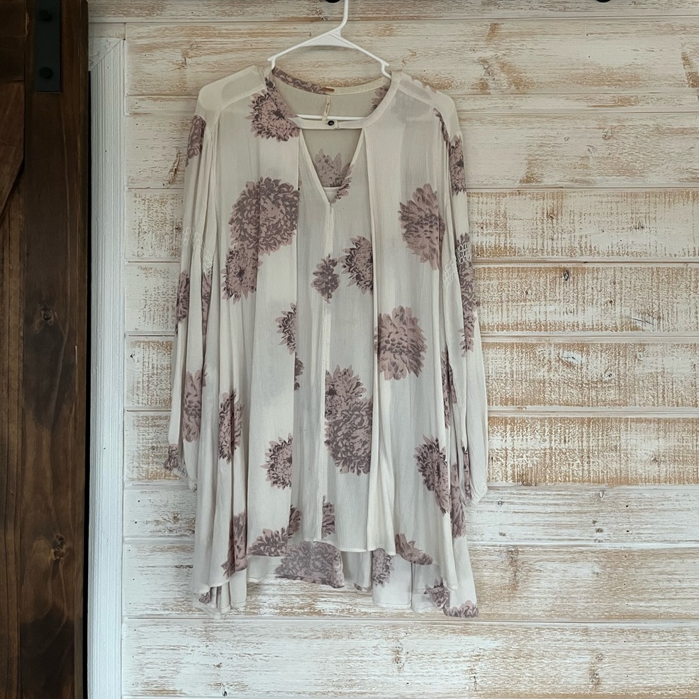 Free People Cream and Purple Floral Tunic